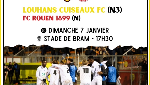 À 17h30 ce dimanche 7 janvier 2024, Louhans Cuiseaux FC accueillera le FC Rouen 1899 au Stade de Bram à Louhans pour les 32emes de finale de la Coupe de France !