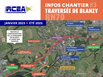Travaux de mise à 2 × 2 voies de la RCEA dans la traversée de Blanzy - 	2	Fermeture de la sortie Blanzy-Centre sur la RN70, dans le sens Chalon-sur-Saône → Paray-le-Monial.