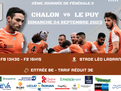 Dimanche 24 septembre à 15 heures, 2ème match de Fédérale 2 : Chalon RTC - Le Puy, venez encourager les rugbymans chalonnais 