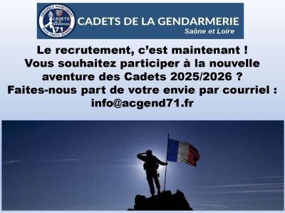 Cadets de la Gendarmerie : recrutement des Cadets pour 2025/2026.