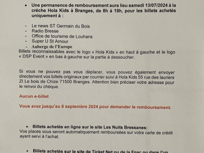 Les Nuits Bressannes : Communiqué sur  les conditions de remboursements pour la soirée du 6 juillet 2024.