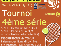 Le tournoi d'été du Tennis Club Rully 4ème série aura lieu du 26 juin au 7 juillet. 