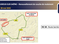 RD 38 – Commune d’Ouroux-sur-Saône  Travaux de renouvellement de couche de roulement - Attention des perturbations les 27 et 28 mai 