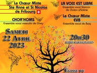 La Chorale mixte St Anne et St Nicolas de Fribourg (Suisse), LA VOIX EST LIBRE , CHOR’HOMS et l'Ensemble Vocal de Buxy en concert à l'église du Sacré Coeur de Chalon sur Saône le samedi 22 avril à 20h30