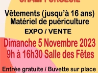 Association Sports Loisirs et Culture de Champforgeuil organise une Bourse aux jouets Vêtements (jusqu’à 16 ans) Matériel de puériculture EXPO / VENTE Dimanche 5 Novembre 2023 9h à 16h30 Salle des Fêtes .