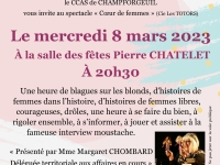 Le CCAS de CHAMPFORGEUIL organise un spectacle « Cœur de femmes » avec la Cie Les TOTORS le mercredi 8 mars 2023 à 20h30 à la salle des fêtes Pierre CHATELET 