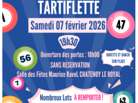 Loto Tartiflette organisé par le COS de Châtenoy le Royal, samedi 7 février à la salle des fêtes Maurice Ravel Ouverture des portes à18h00.