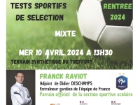 Section Sportive Scolaire Foot de Châtenoy le Royal Tests sportifs de sélection mixte mercredi 10 avril 2024 à 13h30 terrain synthétique du Treffort