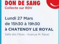 DON DE SANG collecte  lundi 27 mars de 15h30 à 19h30 à la salle Maurice Ravel à Châtenoy le Royal