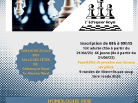 Le club de l'Echiquier Royal organise son grand tournoi en cadence rapide le dimanche 23 avril 2023 à la salle des fêtes de Châtenoy le Royal.