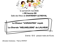 "Le Chœur Variantes" reçoit la chorale Mélimélodie de Lalheue pour son concert du 24 mai à 20h30 à la salle des fêtes de Châtenoy le Royal.
