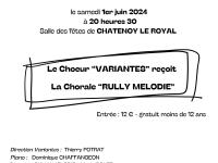 12 ème Printemps Vocal du Choeur “VARIANTES” le samedi 1er juin 2024 à 20 heures 30 Salle des fêtes de CHATENOY LE ROYAL