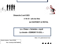 Le Choeur "Variantes" de l'Association Musique et expressions organise son concert "11ème Printemps vocal" le dimanche 2 avril 2023 à 16h 30 à la salle des fêtes de Chatenoy le Royal