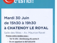  Prochaine collecte de sang le 30 juin de 15h30 à 19h30 salle Maurice Ravel à Châtenoy le Royal