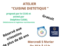 Crissey : "ATELIER “CUISINE DIETETIQUE ”proposé par le CCAS Mercredi 5 février De 10 h À 12 h Salle Louis Verpiot .