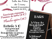 Soirée Beaujolais organisée par Crissey Animation samedi 19 novembre à la salle des fêtes à partir de 20h00.