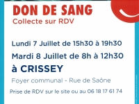 Crissey : Collecte de sang lundi 07 et mardi 08 juillet 2025