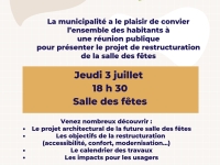 Crissey : Réunion de présentation du projet de restructuration de la salle des fêtes Jeudi 3 juillet 18 h 30 Salle des fêtes.