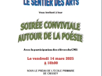 CRISSEY : Le Sentier des Arts donne un spectacle poétique avec la participation des élèves du CM1 sous le préau de l’école primaire  le vendredi 14 mars à 18H.