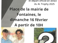 Fontaines : Départ officiel en direct de l'équipage fontenois du 4L TROPHY 2025 dimanche 16 février à partir de 10h, place de la mairie