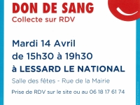 Lessard le National - Collecte de sang mardi 14 avril de 15h30 à 19h30 salle des fêtes.