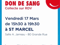 Première collecte de l’année à Saint Marcel : rendez-vous le vendredi 17 mars de 15h30 à 19h30 au sein de la toute nouvelle salle Alfred Jarreau 