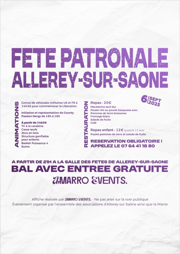 A noter sur vos agendas - La fête patronale d'Allerey sur Saône se tiendra le 6 septembre 