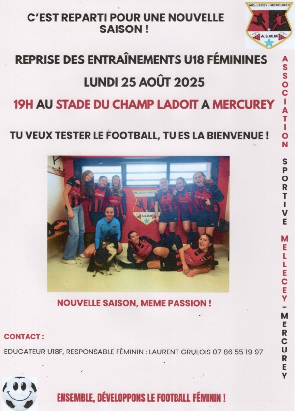 FOOT FEMININ - Reprise des entraînements ce lundi soir au Champ Ladoit à Mercurey 