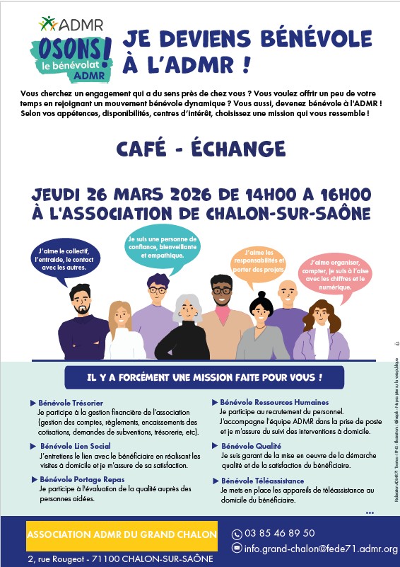 Je deviens bénévole à l'ADMR - Café/échange le 29 mars à Chalon