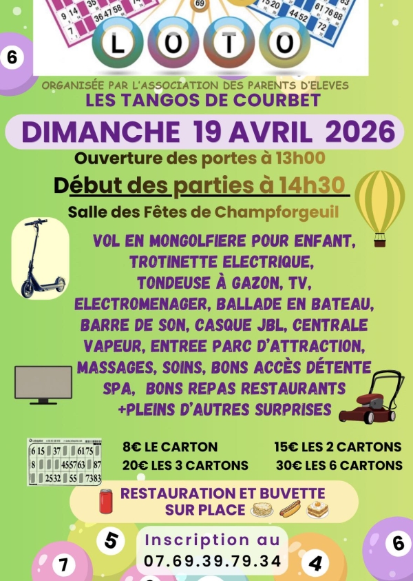 Grand loto organisé par l'association des parents d'élèves Les Tangos de Courbet ce dimanche 19 avril 