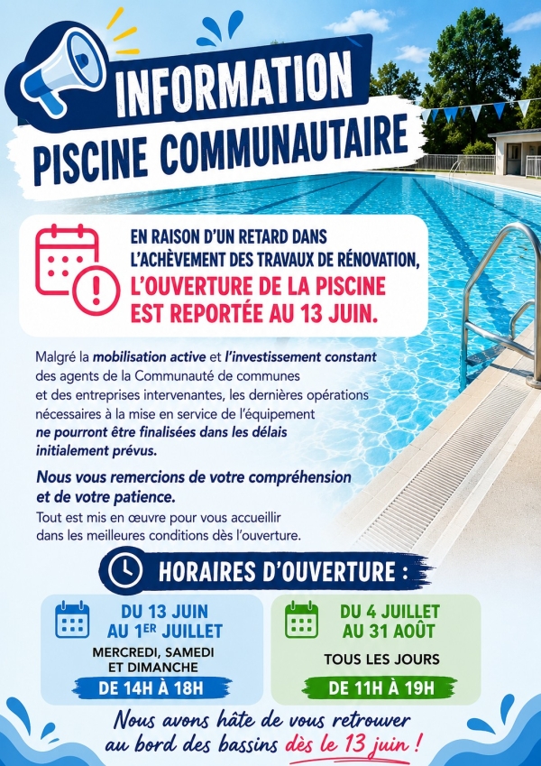 La réouverture de la piscine de Verdun sur le Doubs reportée au 13 juin 