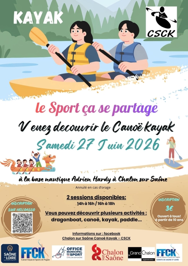 Notez le 27 juin pour venir vous essayer au canoë-kayak à Chalon 