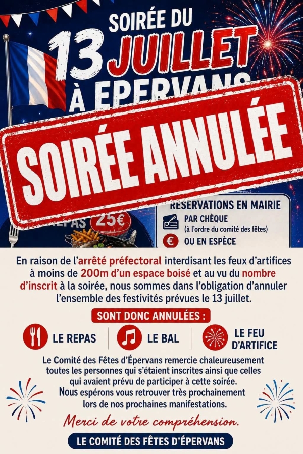 Soirée du 13 juillet annulée à Epervans 