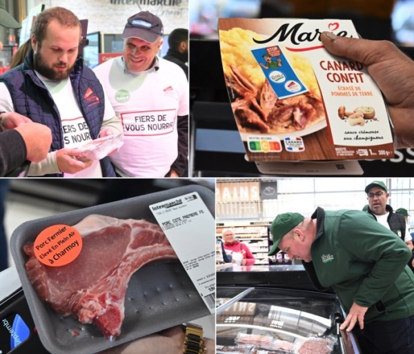 Les agriculteurs à Intermarché, au Creusot, pour vérifier la véracité du «made in France» affiché avec des drapeaux tricolores