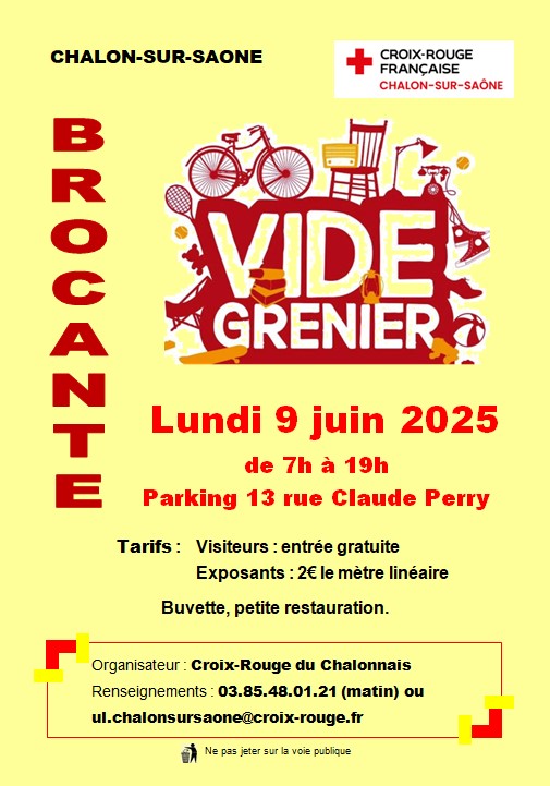 La CROIX-ROUGE du Chalonnais organise sa brocante annuelle le lundi 9 juin