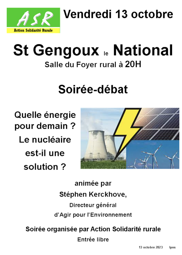 Quelle énergie pour demain ? Une soirée-débat à Saint Gengoux le National proposé par Action Solidarité Rurale 