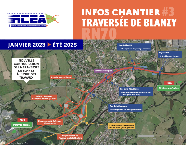 Travaux de mise à 2 × 2 voies de la RCEA dans la traversée de Blanzy - 	2	Fermeture de la sortie Blanzy-Centre sur la RN70, dans le sens Chalon-sur-Saône → Paray-le-Monial.