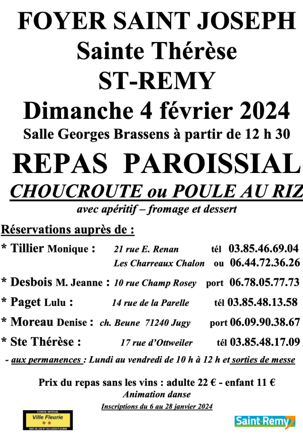 Le repas paroissial du foyer Saint-Joseph annoncé le 4 février 