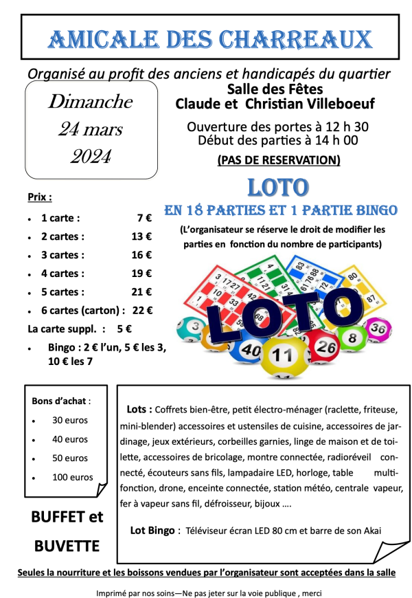 Loto de l'Amicale des Charreaux le dimanche 24 mars 