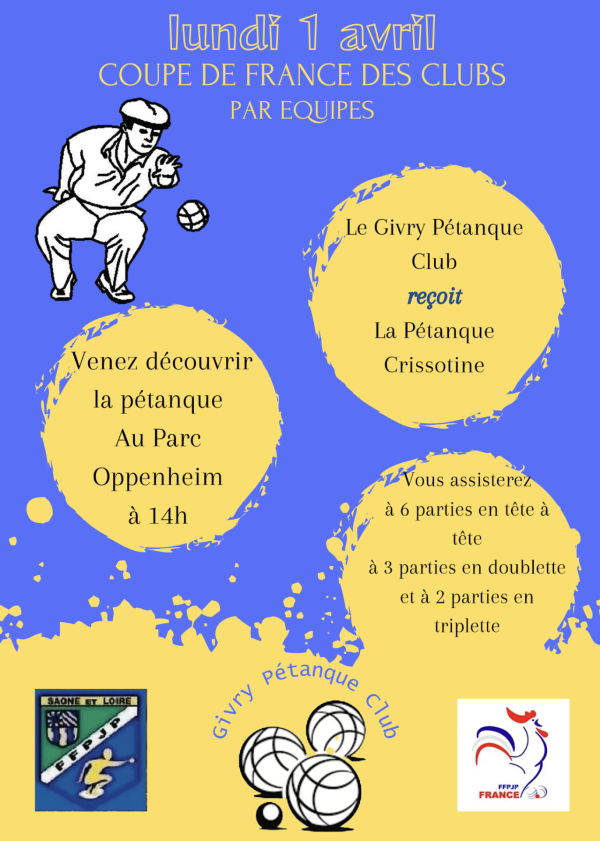 PETANQUE - Le Givry Pétanque Club reçoit la Pétanque Crissotine  le lundi 1er avril 