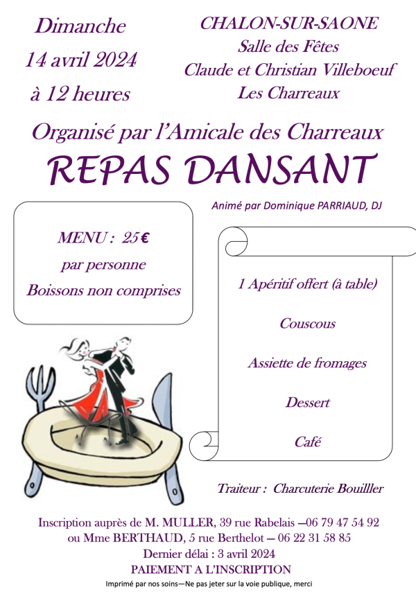 Repas dansant de l'Amicale des Charreaux annoncé pour le 14 avril 