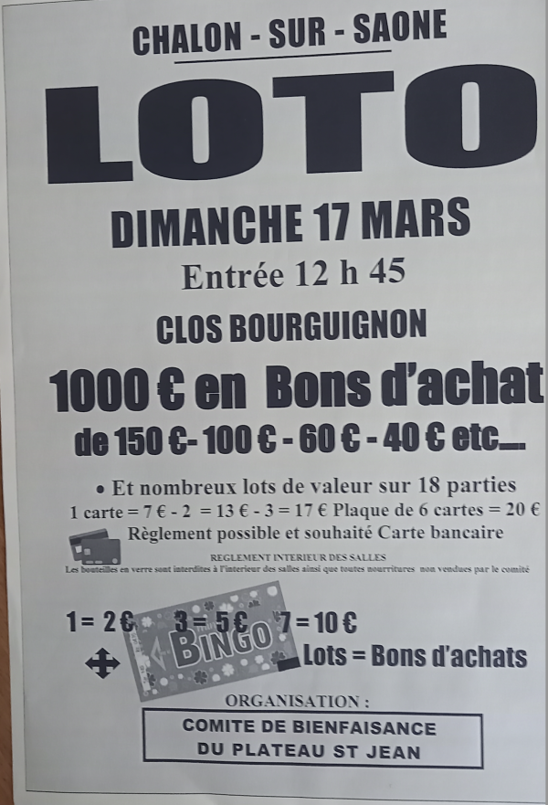 Loto du Comité de bienfaisance du Plateau Saint Jean ce dimanche 