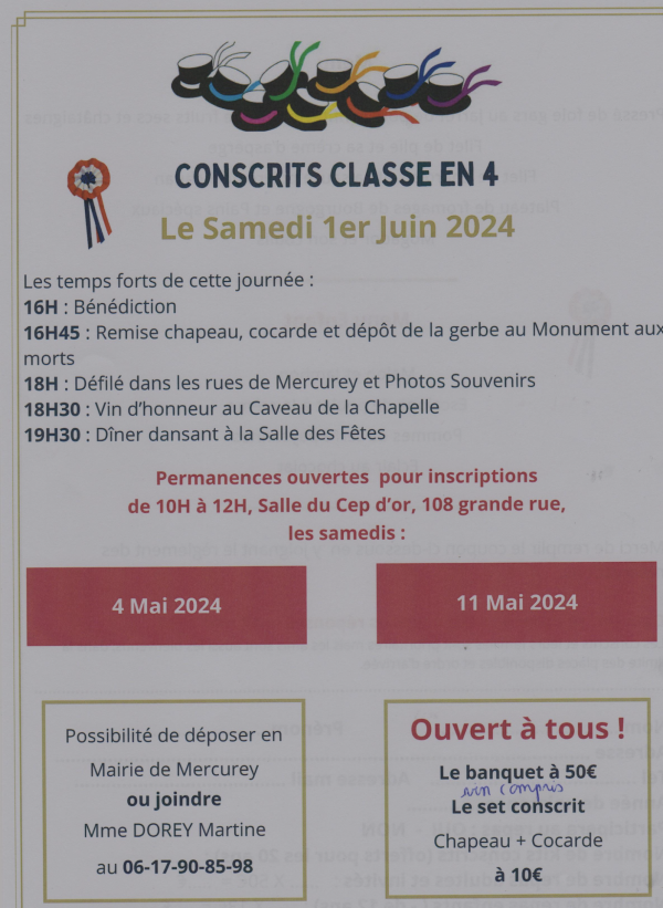 Les conscrits de la classe en 4 donnent rendez-vous le samedi 1er juin à Mercurey