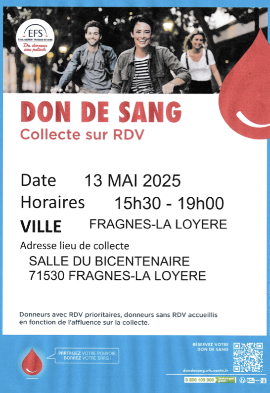 La prochaine collecte de sang est annoncée le 13 mai à Fragnes-La Loyère