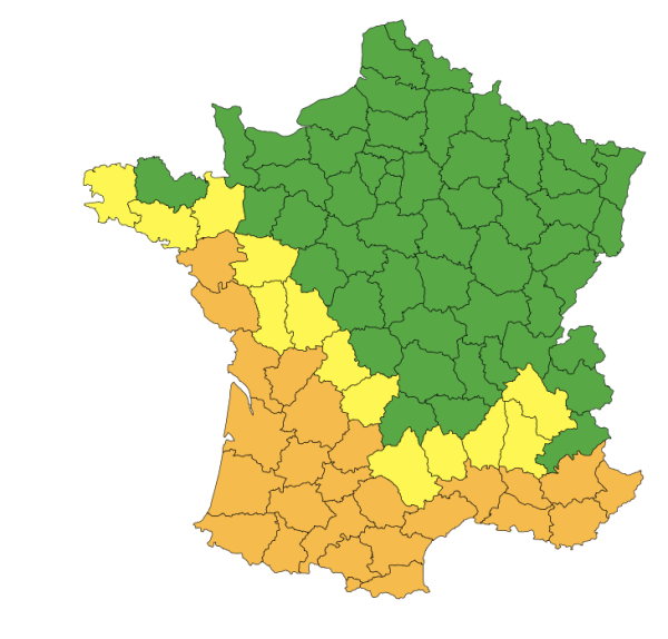 25 départements restent en vigilance orange dimanche... La Saône et Loire repasse en vert 
