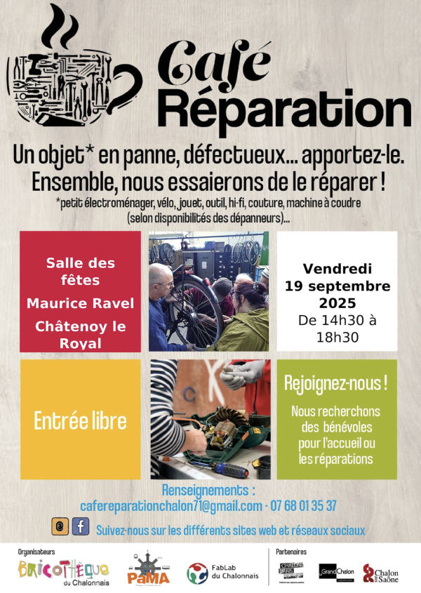Le prochain café-réparation vous attend le 19 septembre à Châtenoy le Royal 