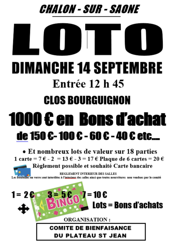 Loto du Comité de bienfaisance du Plateau Saint-Jean le 14 septembre 