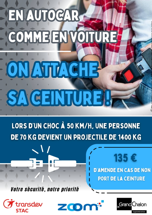 En autocar comme en voiture, on attache sa ceinture de sécurité ! le risque d'amende est de 135 euros 