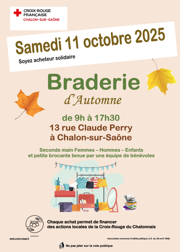 Grande braderie d'automne organisée par la Croix Rouge Chalon le samedi 11 octobre 