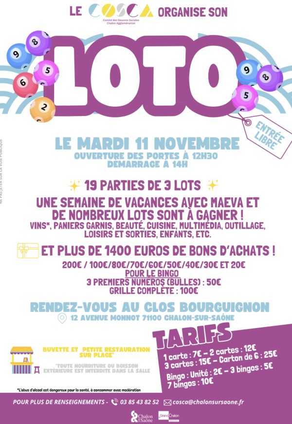 Le grand loto du COSCA - Comité des oeuvres sociales Chalon agglomération est annoncé le mardi 11 novembre 
